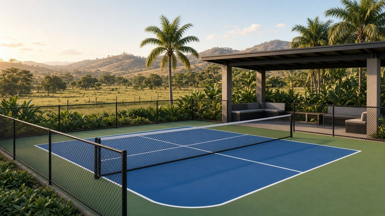 Pickleball court beside a shaded pavilion