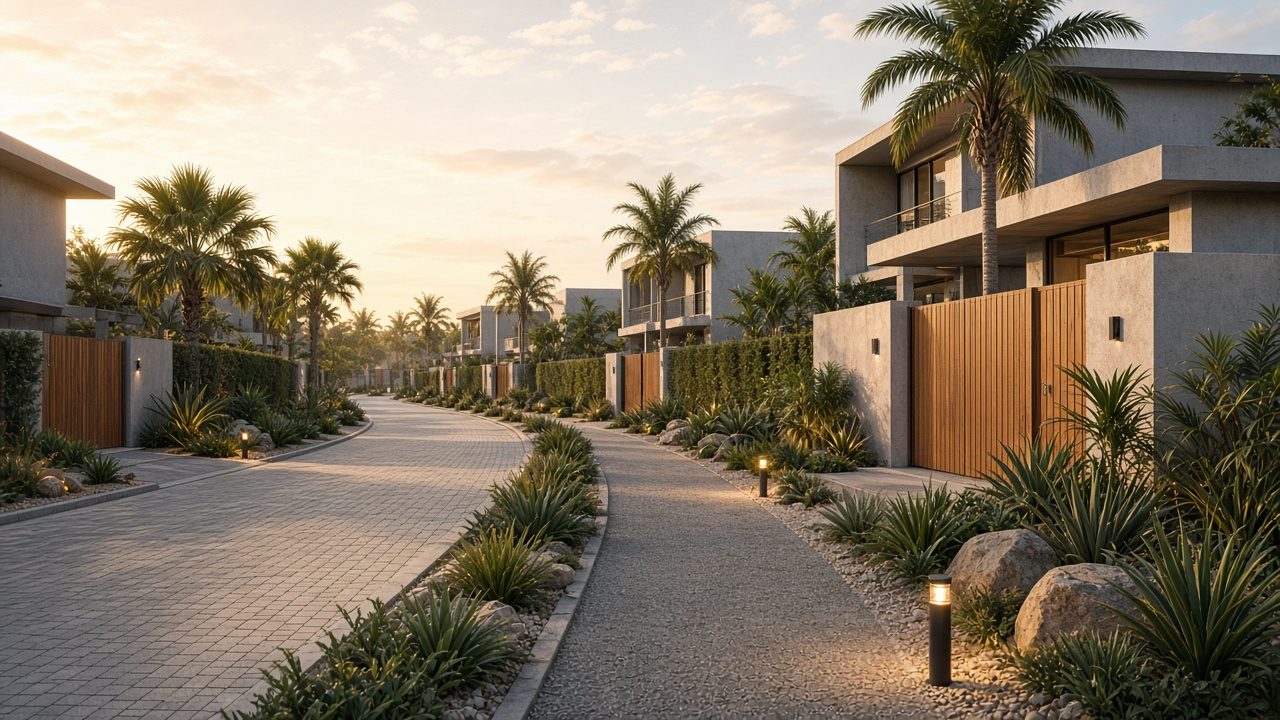 Landscaped internal street with sidewalks at golden hour