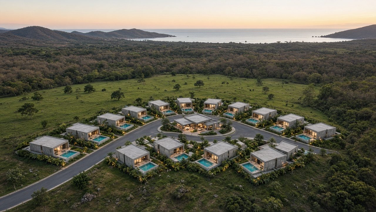 Aerial view of a small community of contemporary homes among green pastures, with the Pacific beyond