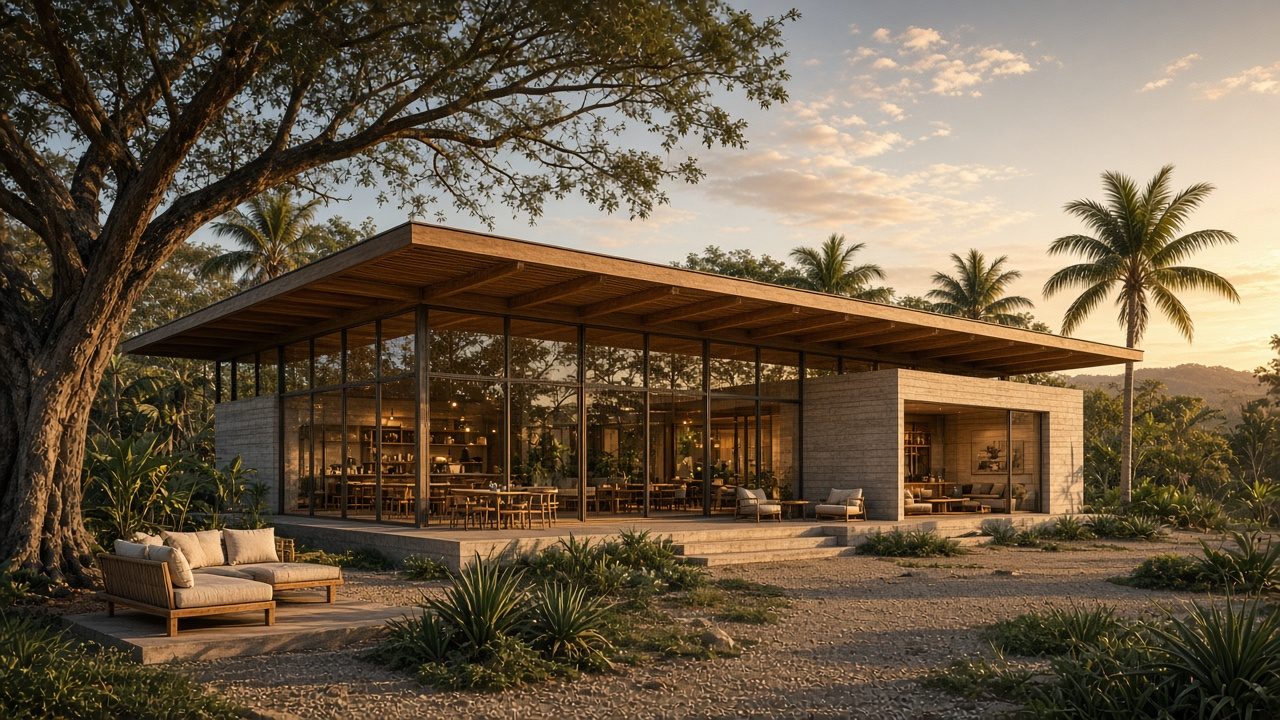 The Tamarindo Hub: a low timber-roofed pavilion with glass walls under a large shade tree