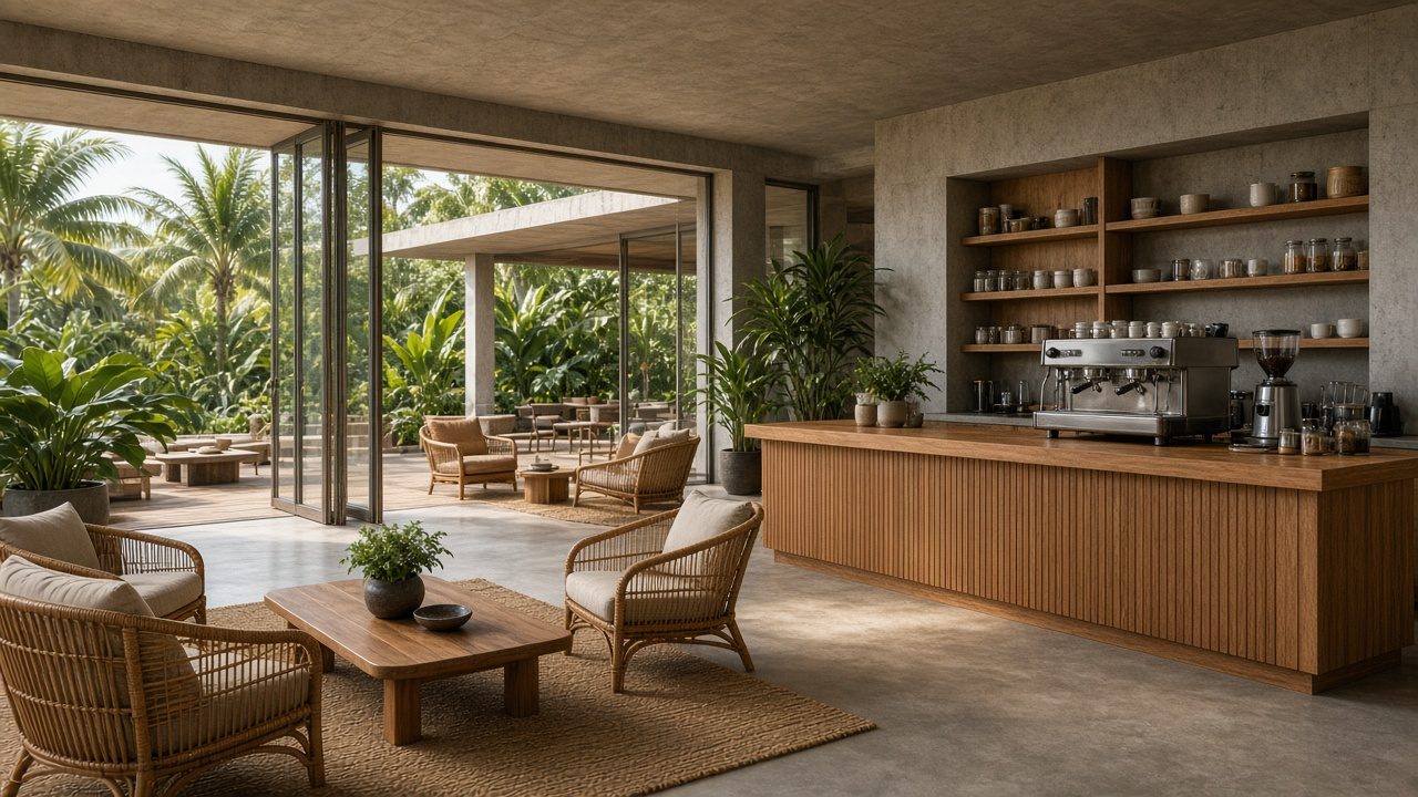 Concierge café and lounge with a timber bar and garden views