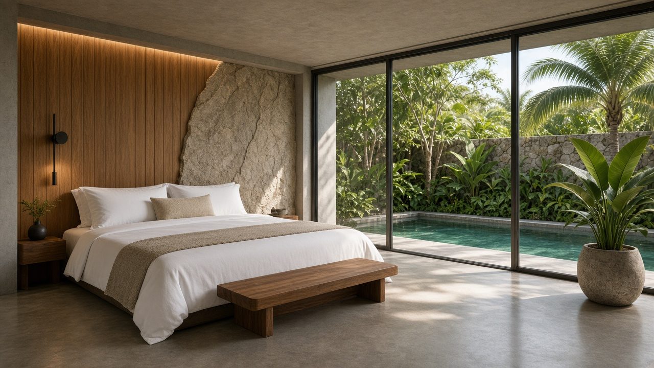 Primary suite with a stone feature wall, teak headboard wall and sliding glass to a plunge pool