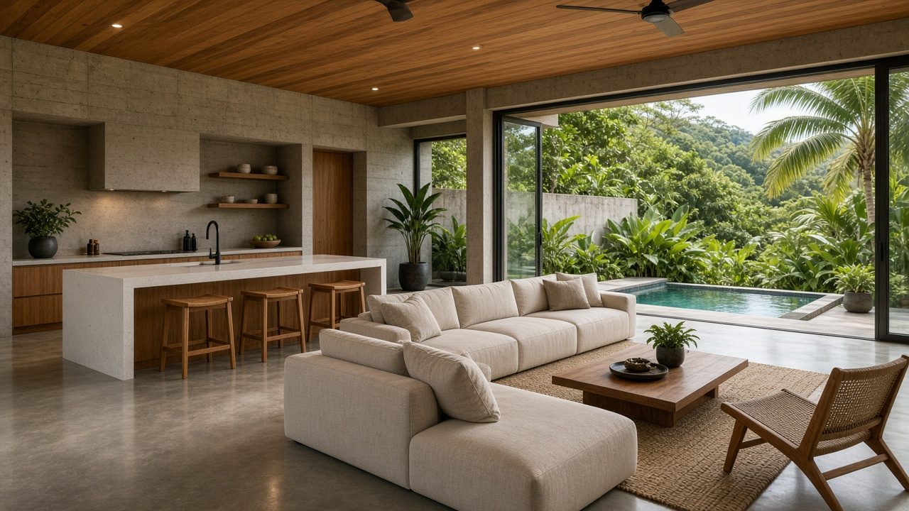 Living room and kitchen with a quartz island, teak ceiling and glass walls opening to a pool and tropical garden
