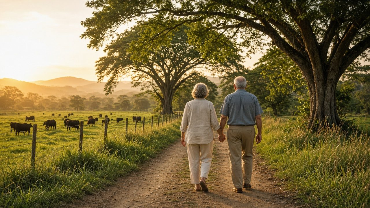 A retired couple walking along a farm lane beside cattle pastures