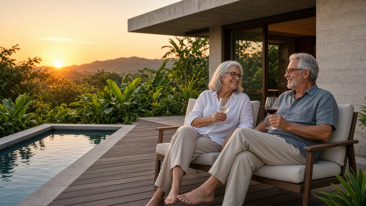 A couple relaxing on their poolside terrace at sunset